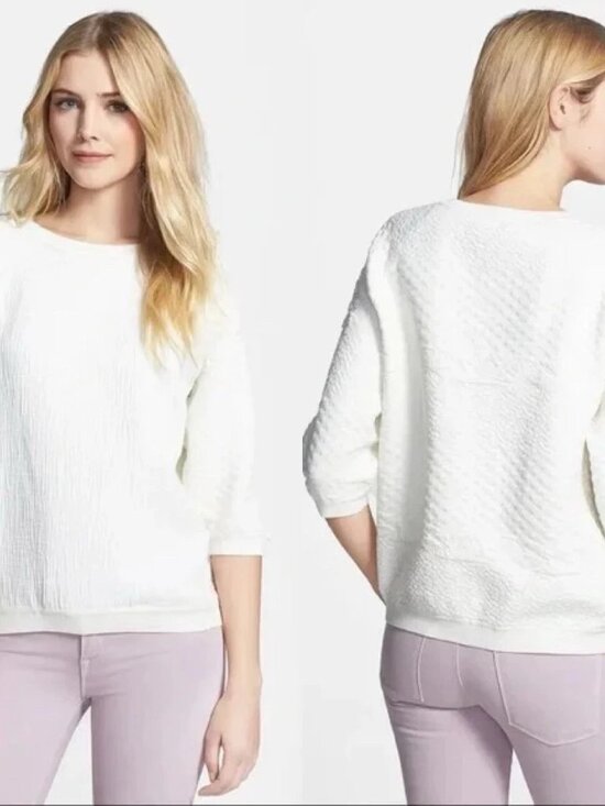 Vince Sweaters - Vince White Jacquard Textured 3/4 Sleeve Pullover Sweatshirt Size S